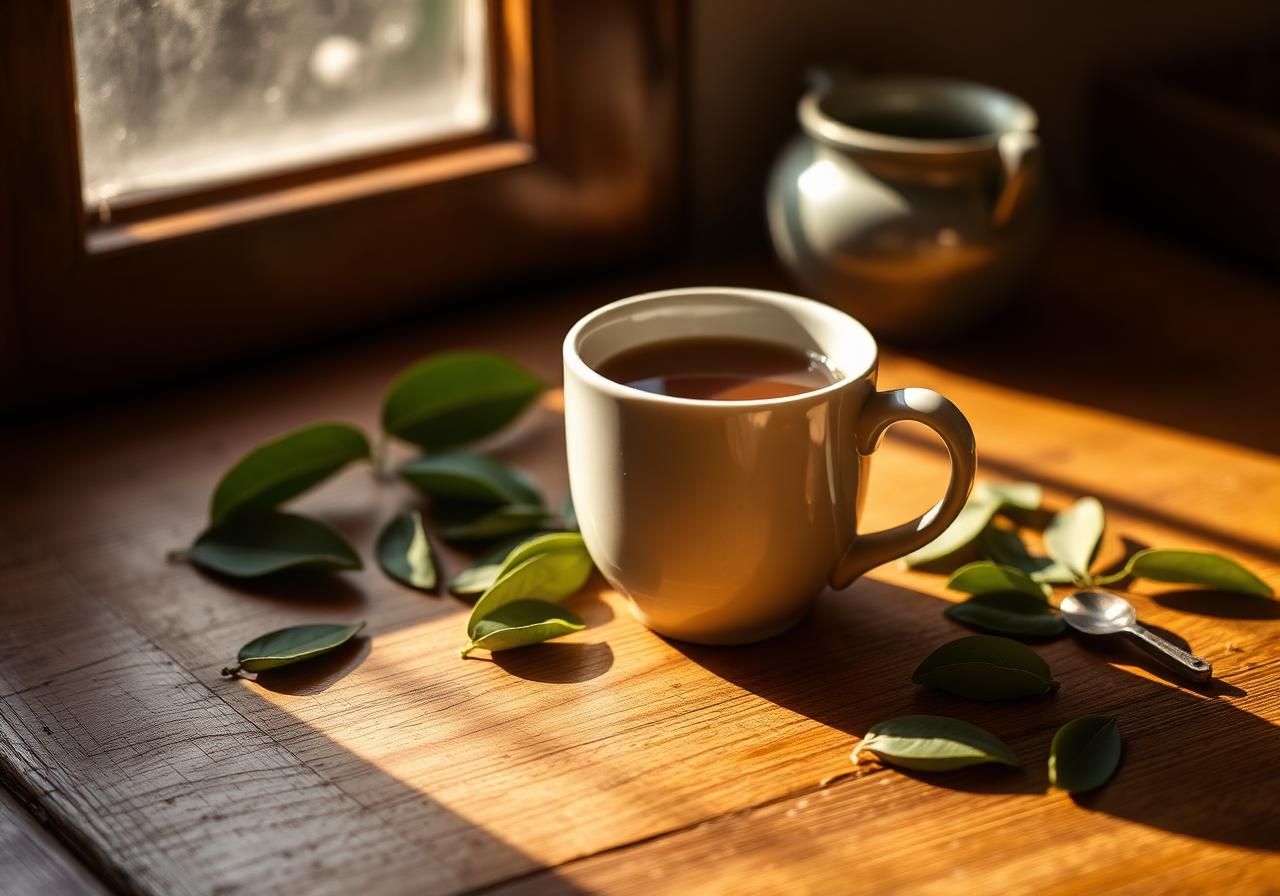 A cup of coca tea on a wooden table