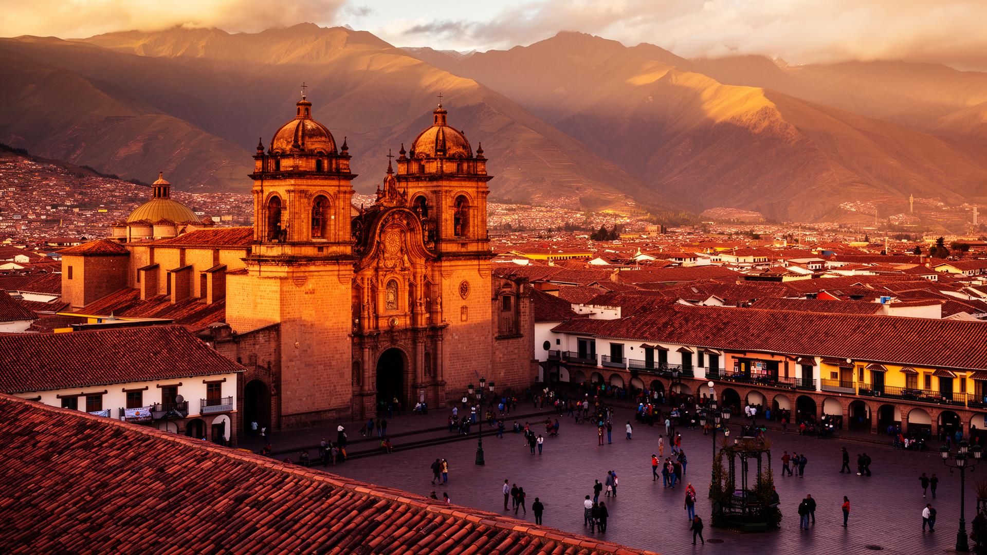 Plaza de Armas in Cusco at golden hour with the cathedral and Andes mountains