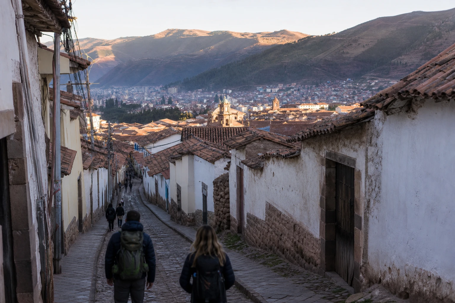 Early morning street scene in Cusco with Andean hills beyond.