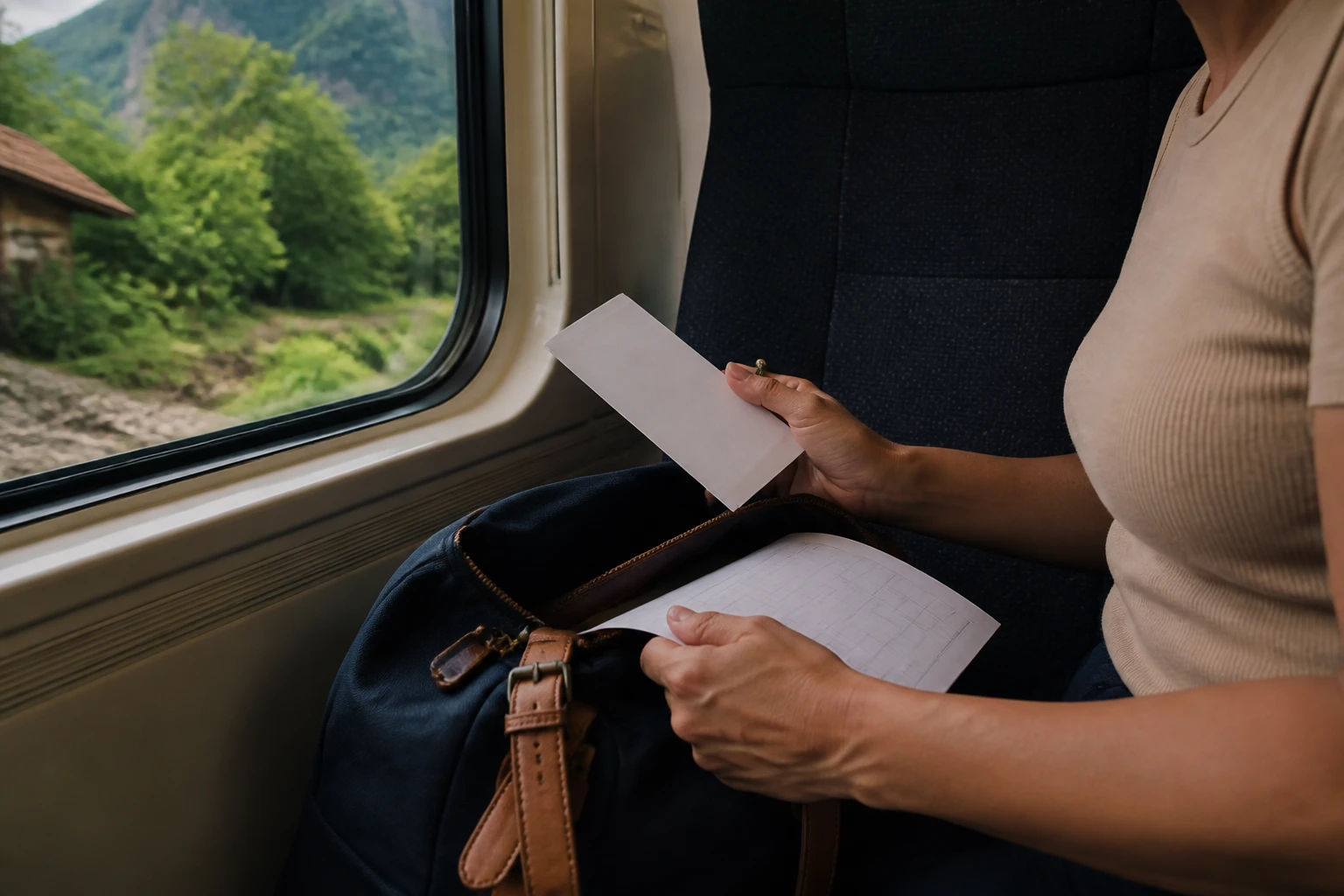 Travel documents and a daypack organized for the rail journey to Aguas Calientes.