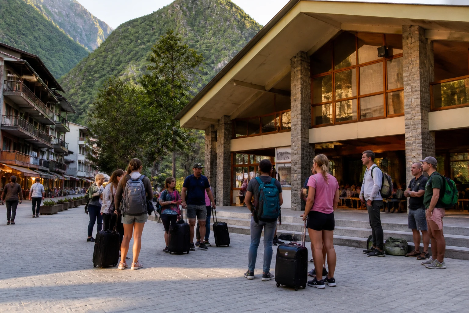 Travelers in Aguas Calientes planning ticket arrangements.