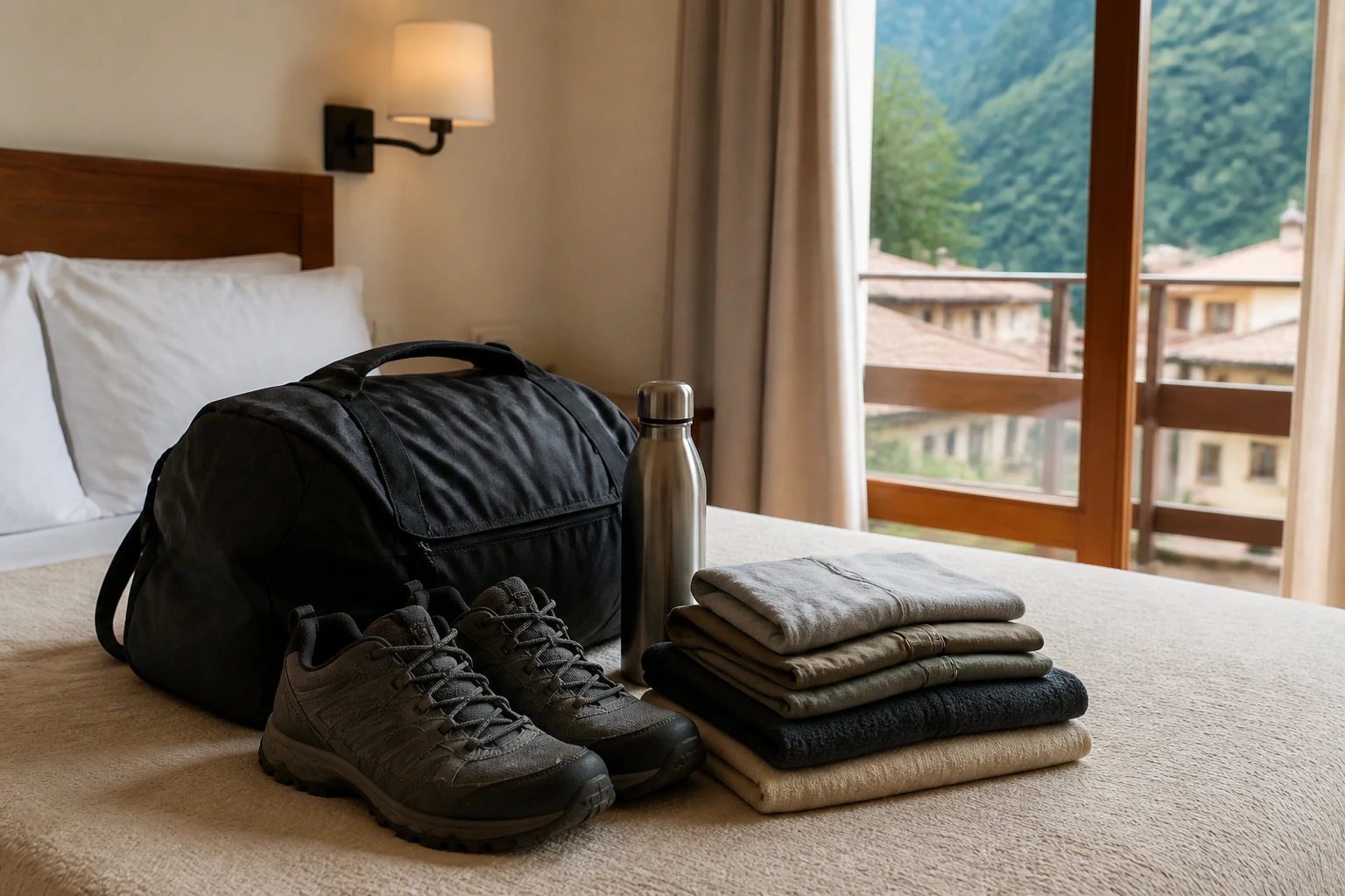 A compact bag prepared for an overnight stay in Aguas Calientes.