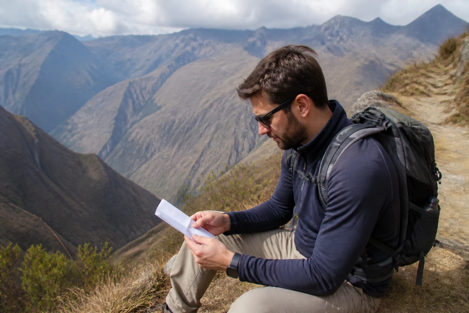 Traveler reviewing an adventure itinerary on an Andean trail near Cusco
