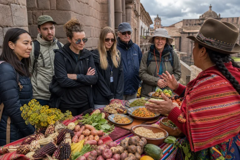 Travelers exploring Andean ingredients during a Cusco food tour