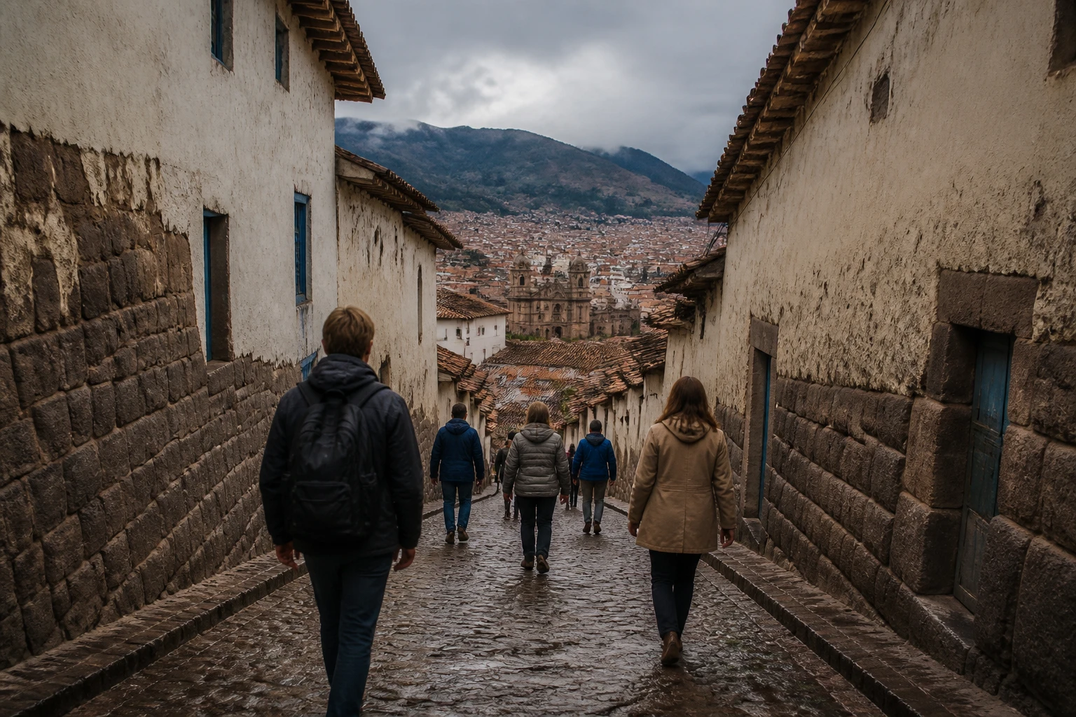 Travelers walking on a cobbled street in Cusco