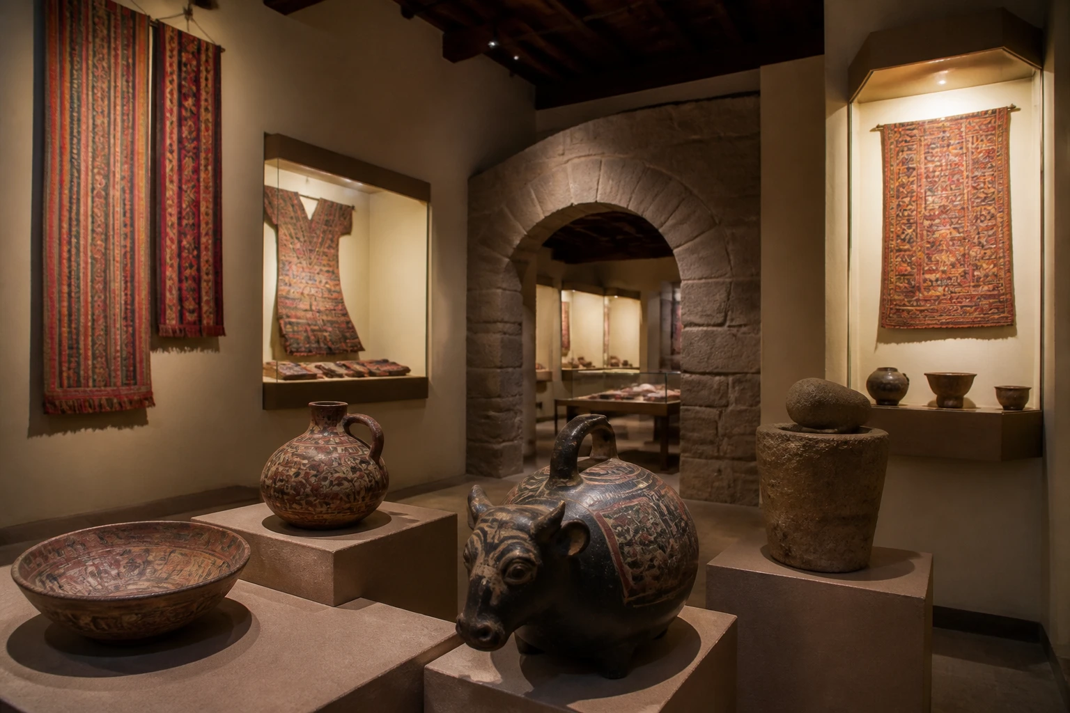 Andean ceramics and textiles displayed in a Cusco museum