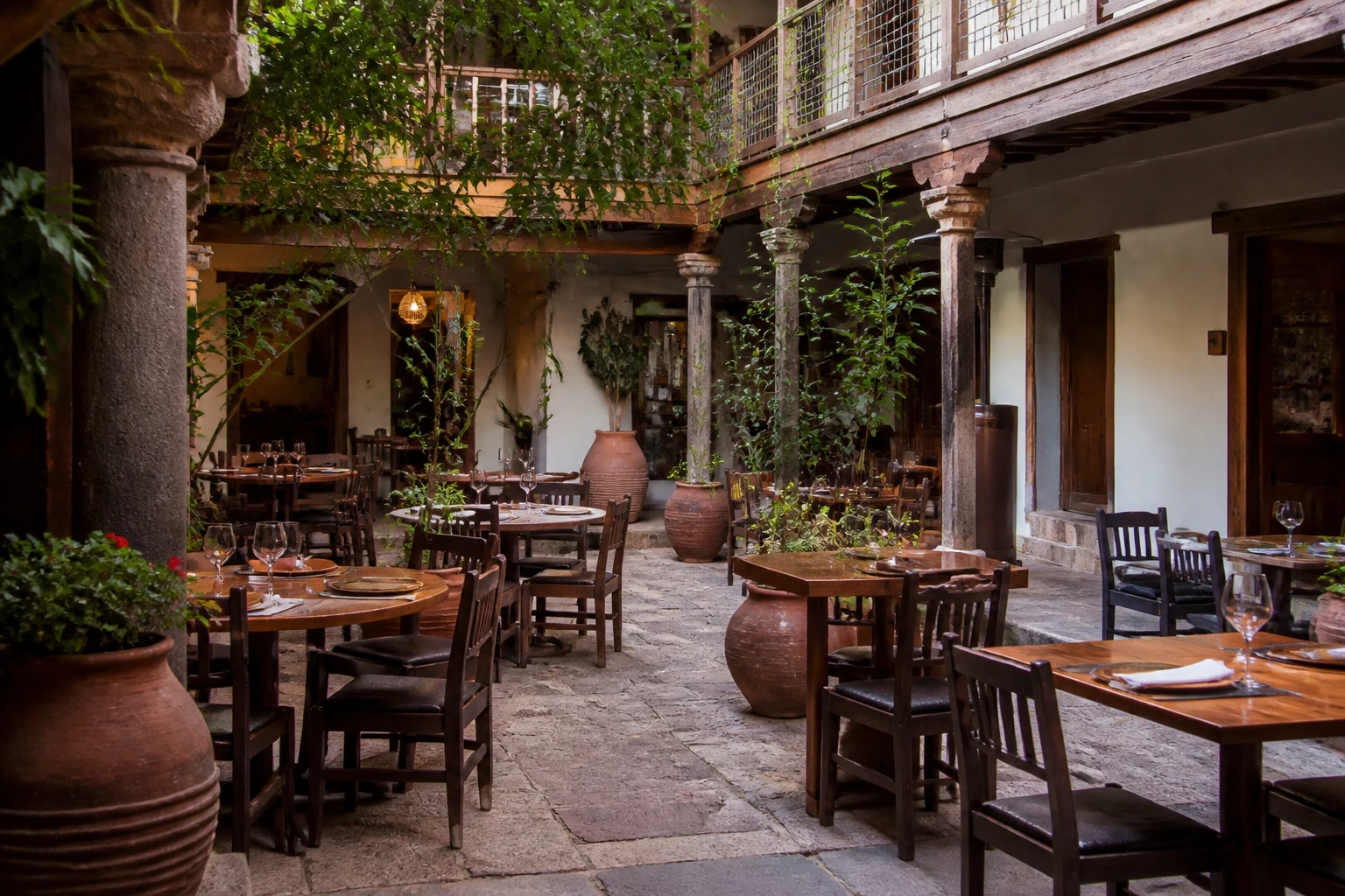 Colonial courtyard dining setting in Cusco