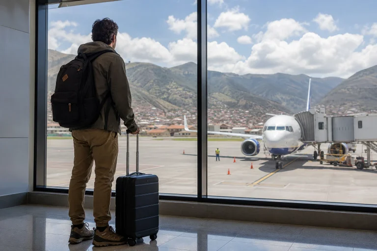 Traveler with carry-on looking out across an airport apron during a layover