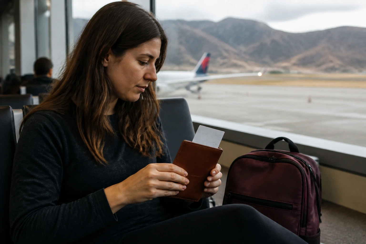 Traveler organizing essential documents and carry-on items at an airport