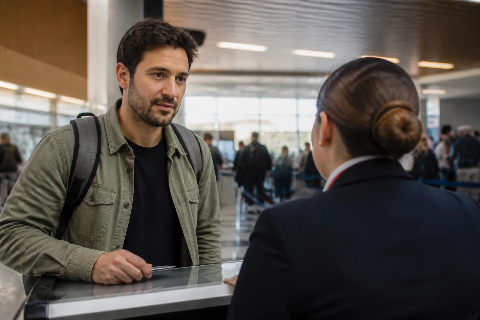 Traveler seeking airline assistance during an airport layover