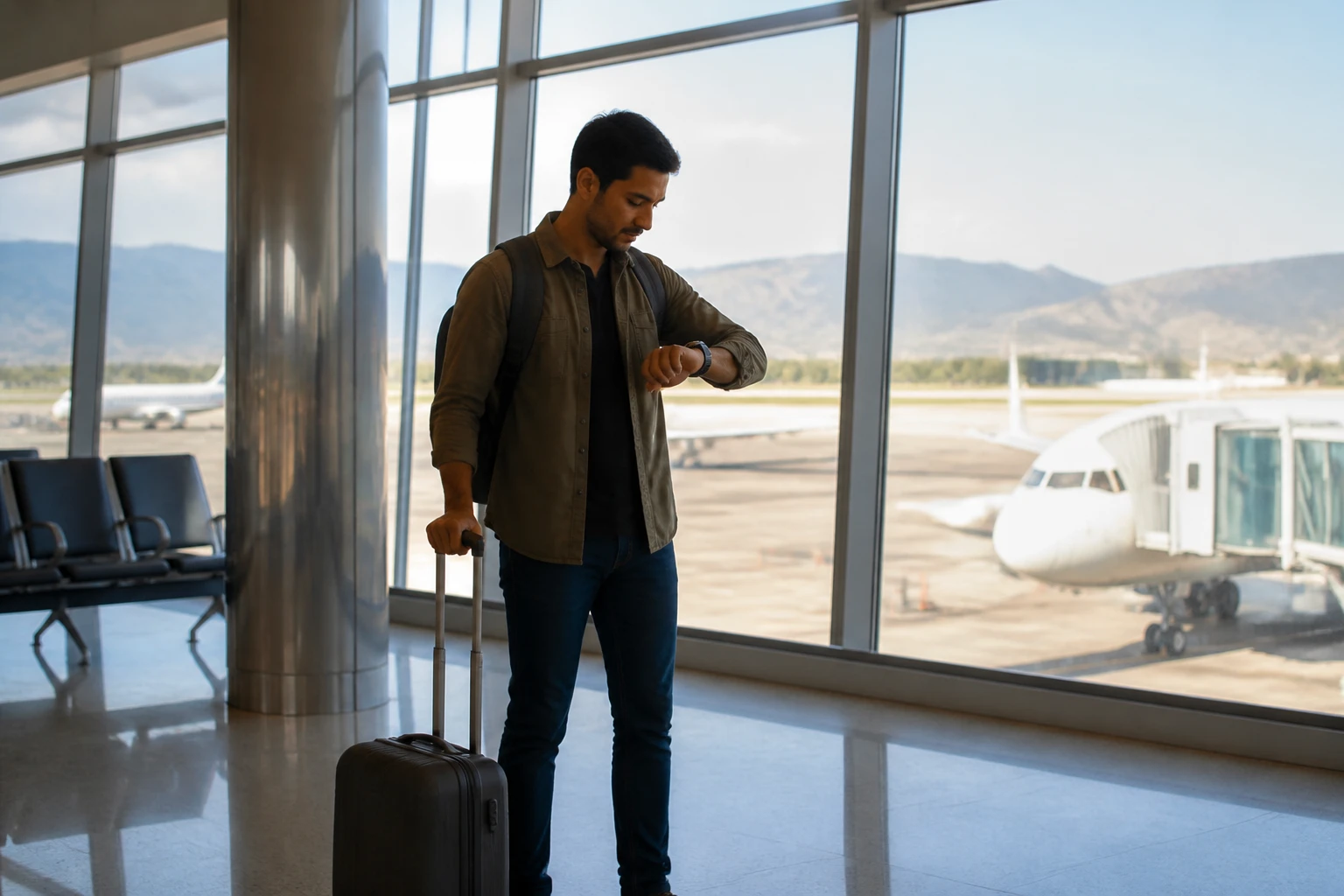 Traveler keeping track of time before an onward flight