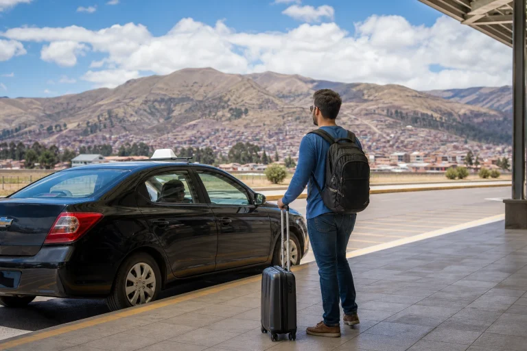 Traveler preparing to take a taxi from Cusco Airport