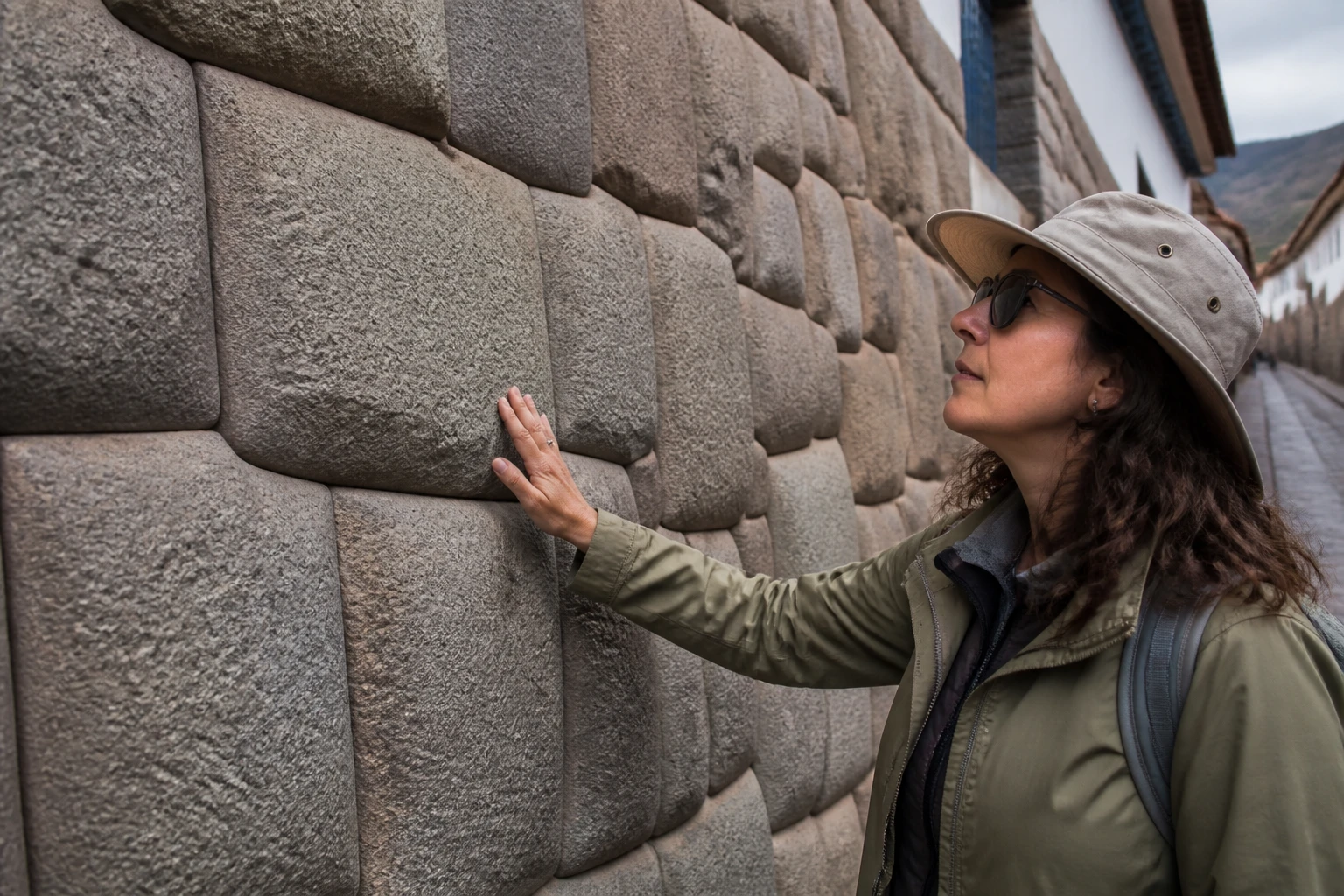 Visitor examining finely worked Inca stone masonry in Cusco