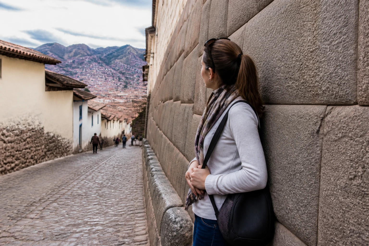 Visitor taking time between cultural stops in Cusco