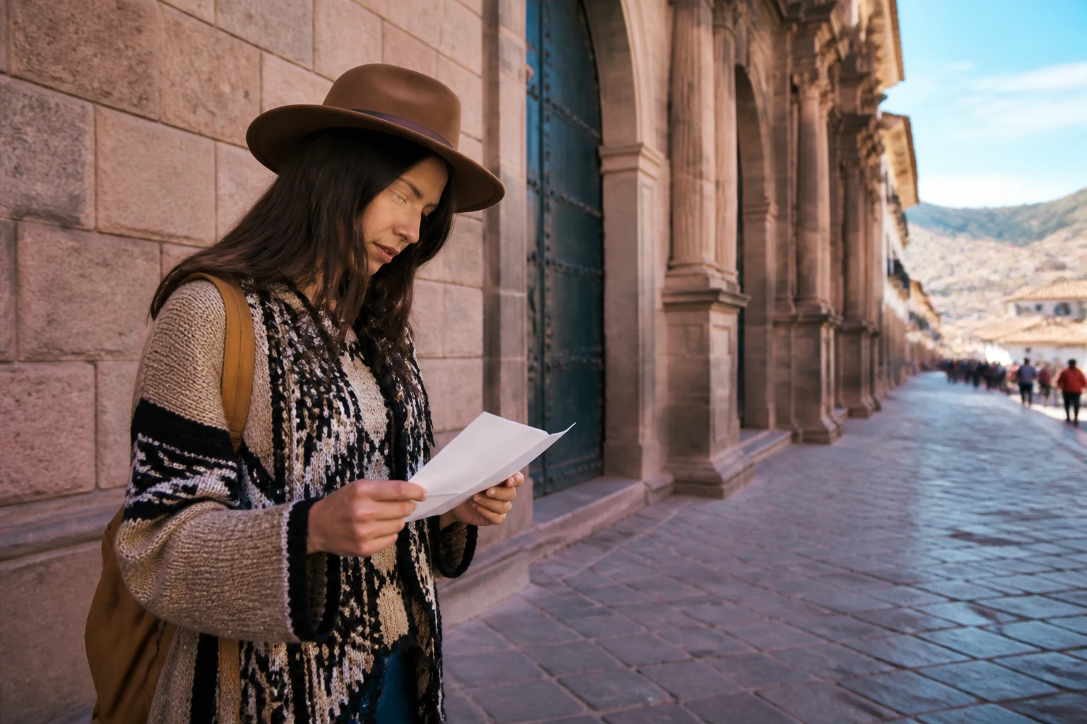 Traveler checking plans before a Cusco cultural outing