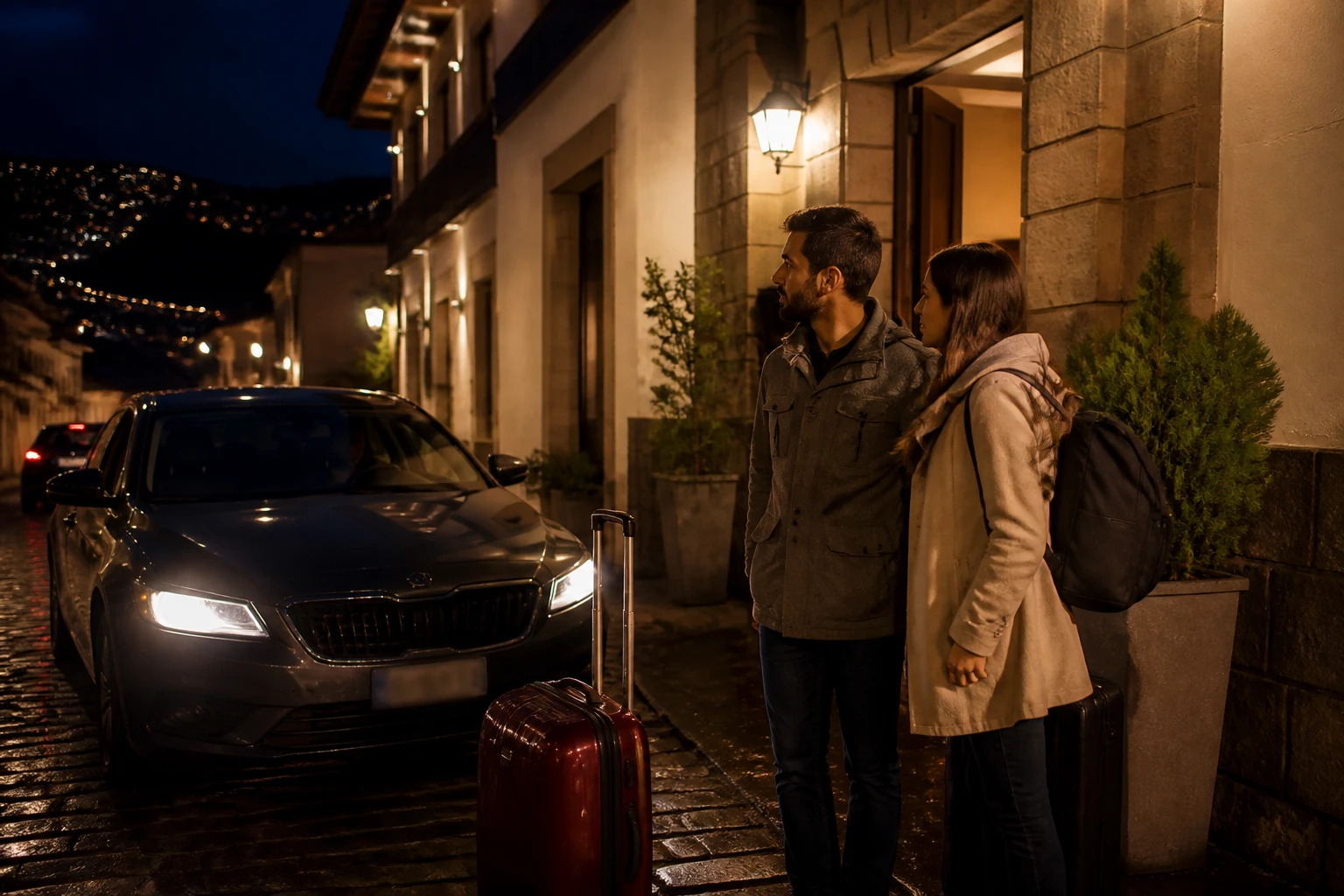 Travelers waiting for a pre-arranged car outside a Cusco hotel at night.