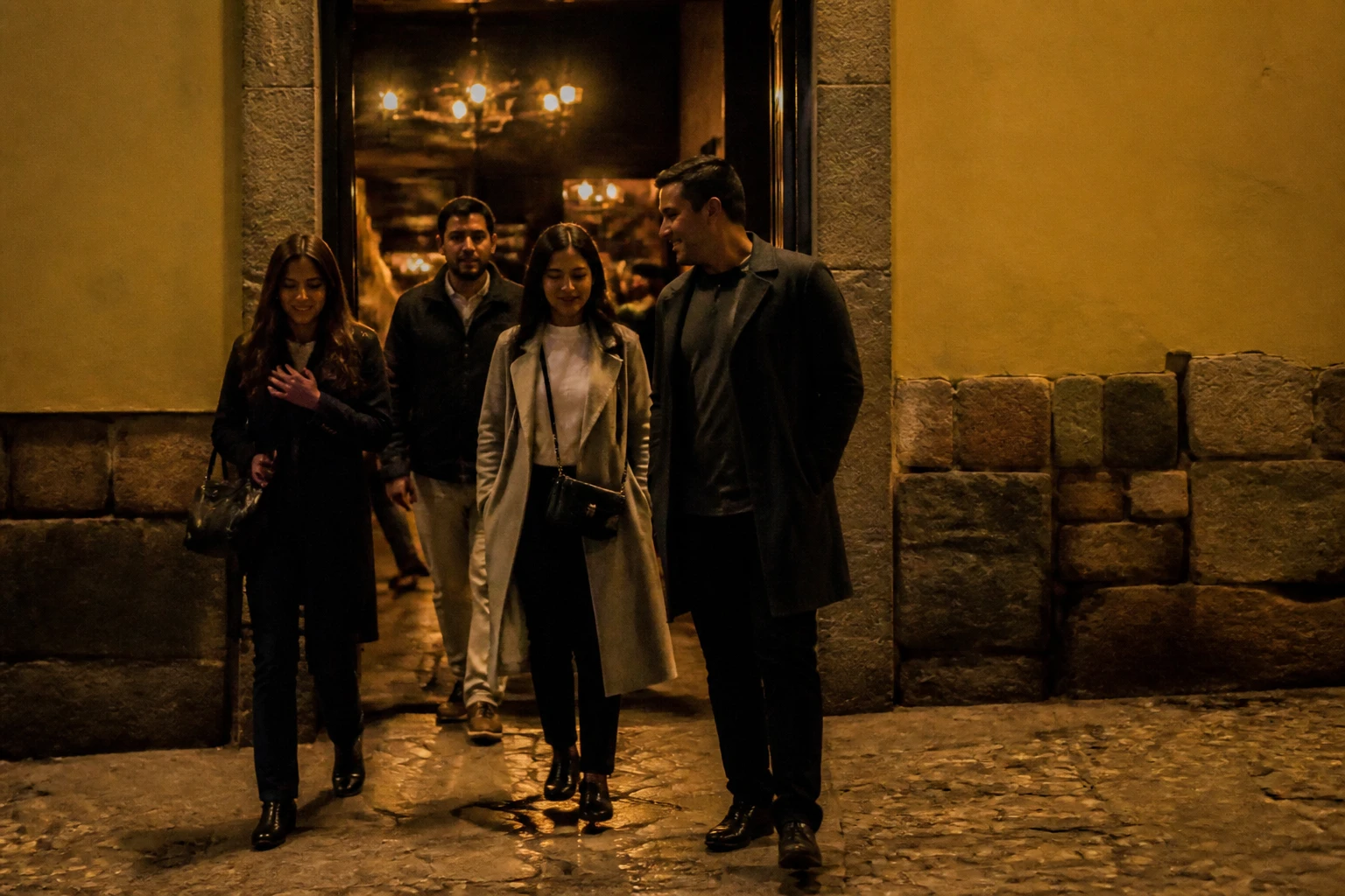 A small group leaving a restaurant in Cusco after dark.