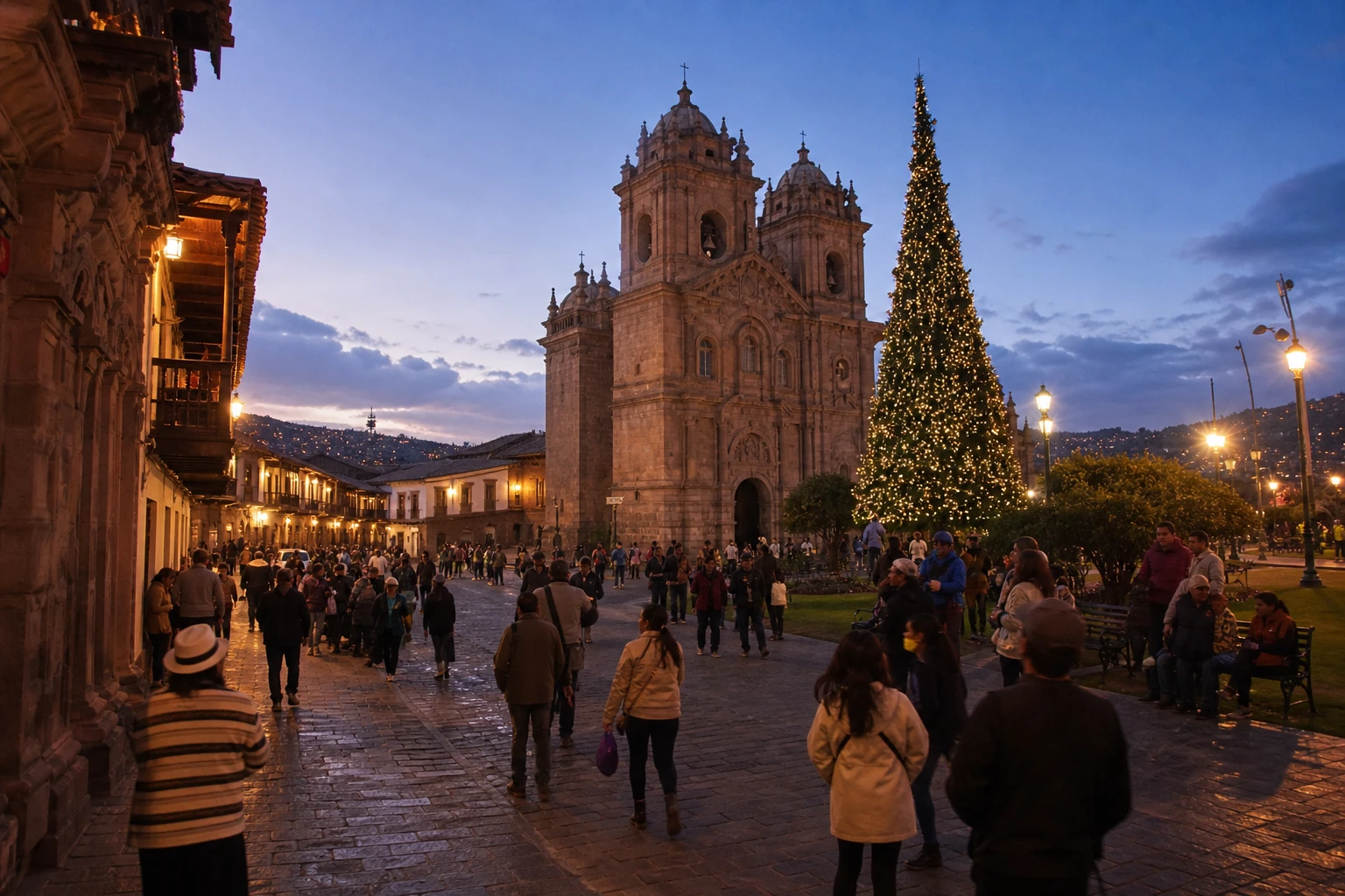 Cusco historic center at dusk during the Christmas season