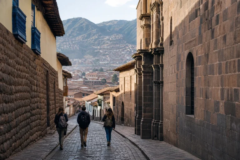 Travelers walking through Cusco’s historic center