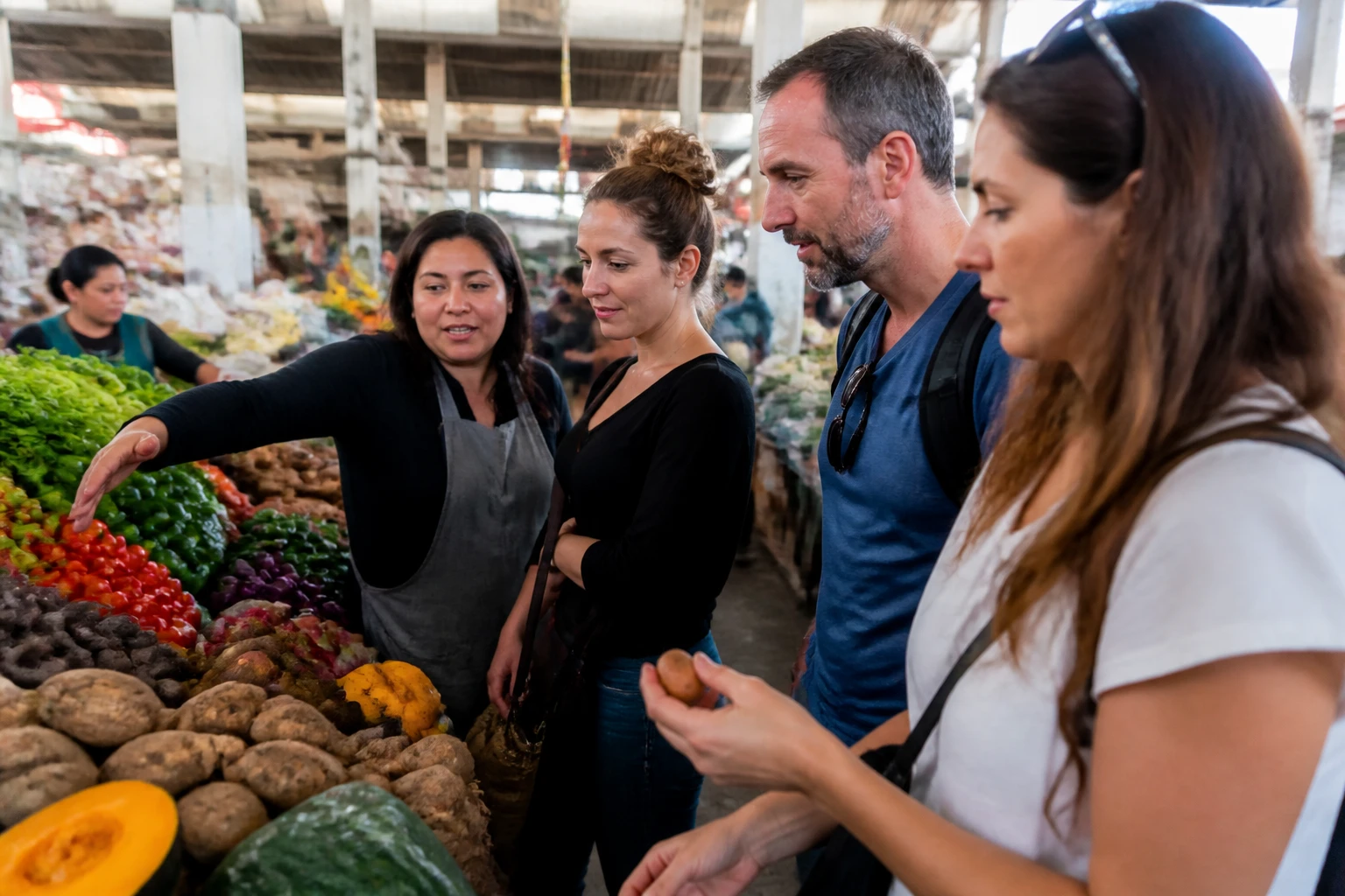 Travelers exploring produce during a Cusco market cooking experience