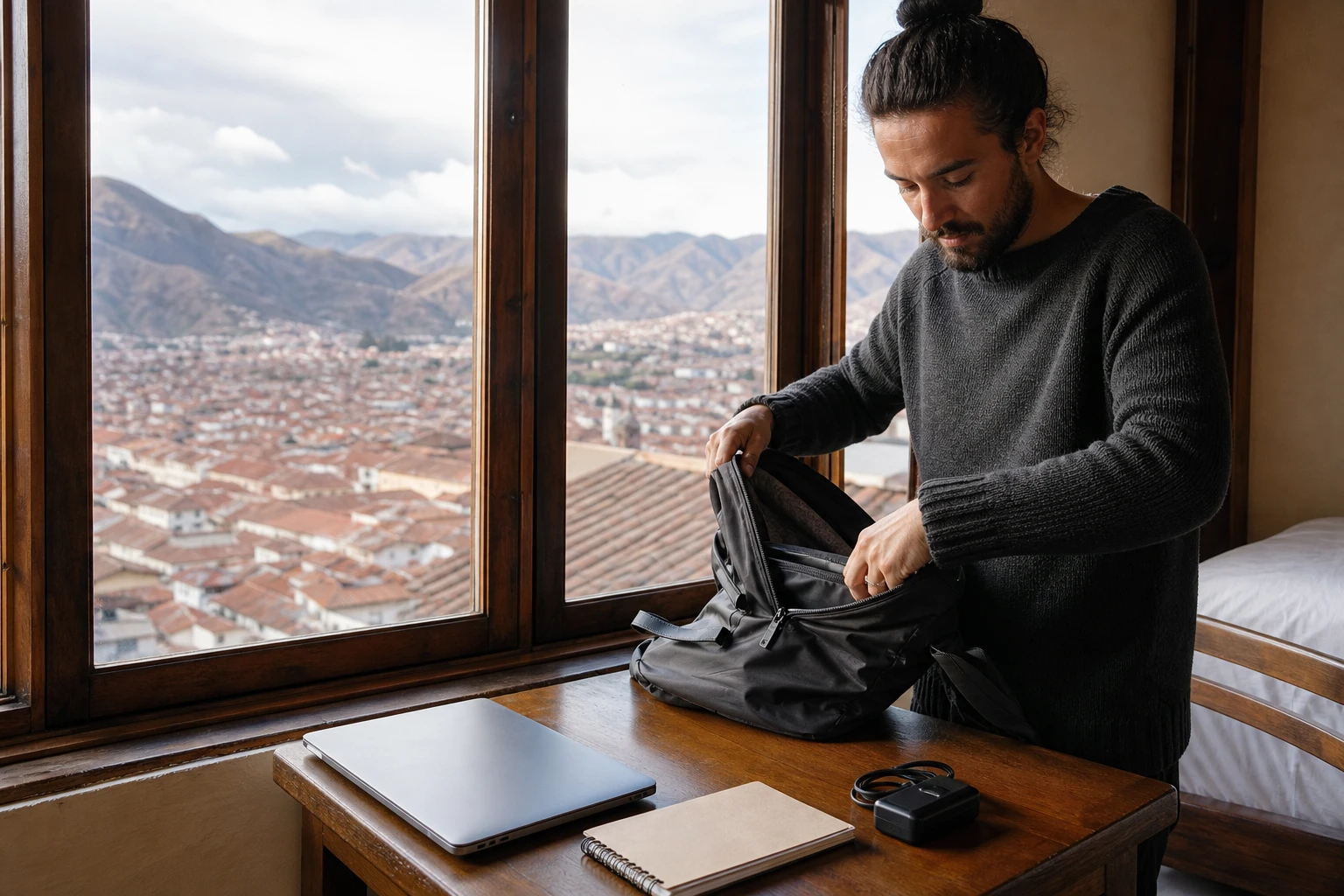 Remote worker preparing a laptop and travel gear for a stay in Cusco.