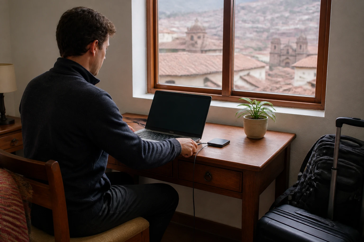Traveler testing a laptop setup in temporary accommodation.
