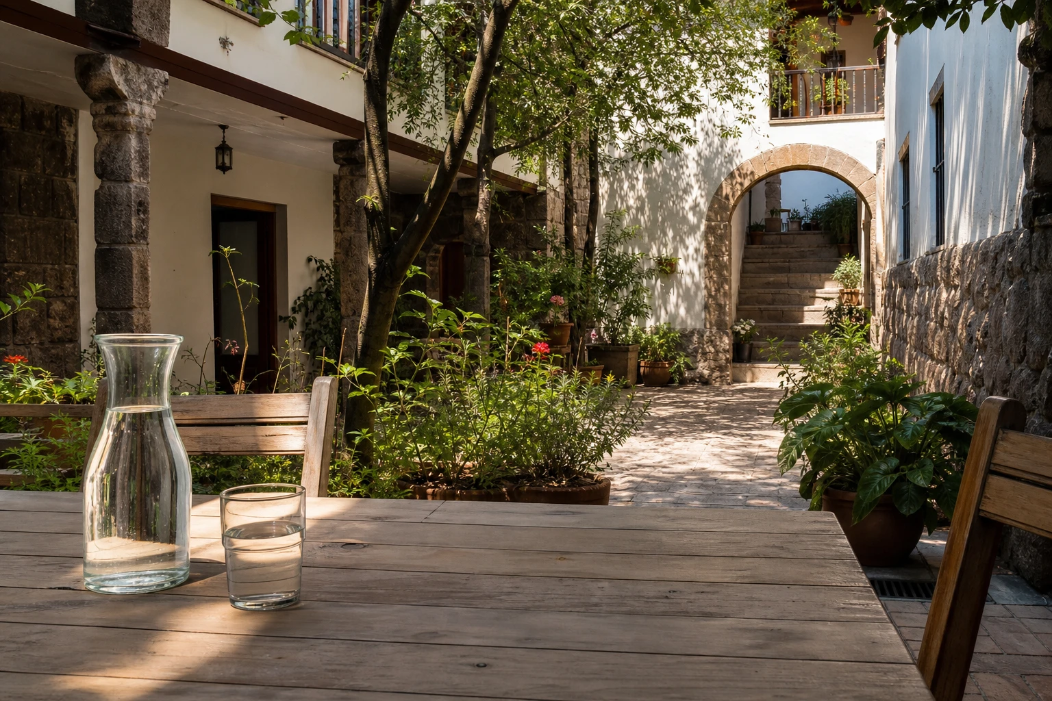 Sunlit courtyard at an unbranded Cusco hotel