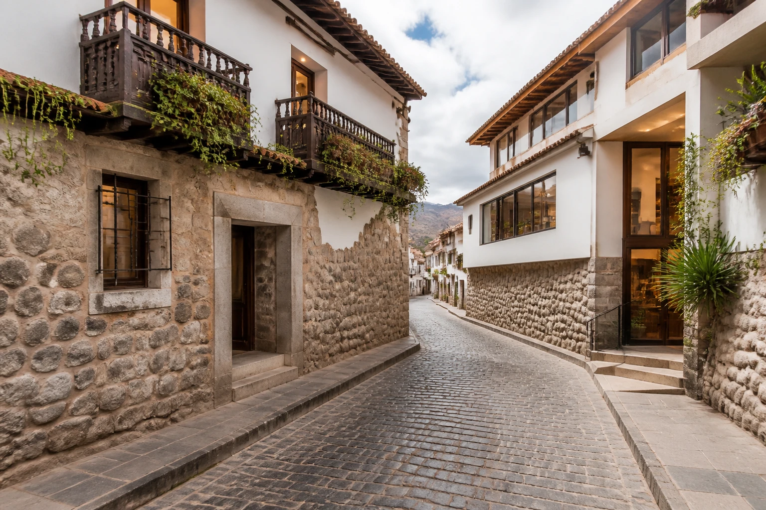 Unbranded hotel facades on a Cusco street