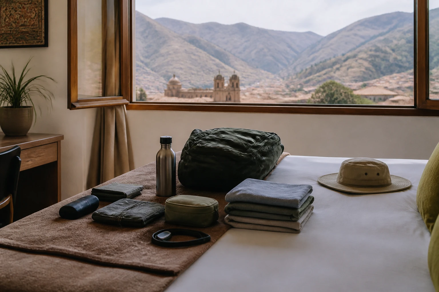 Packed reusable travel items in a Cusco hotel room