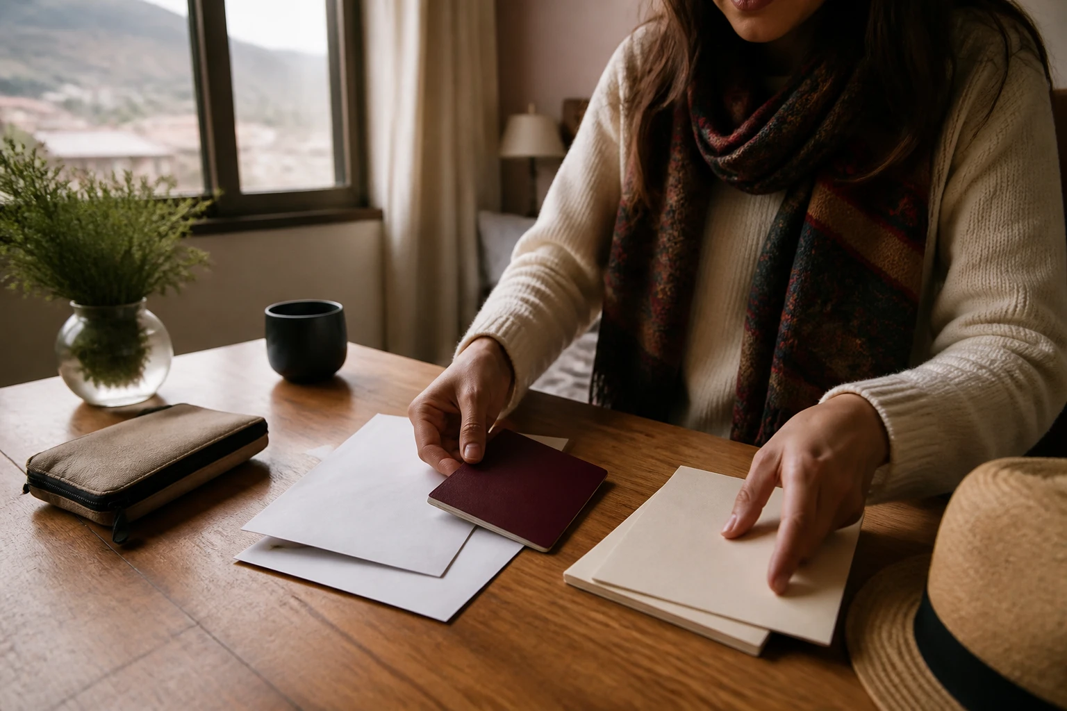 Traveler organizing documents for a Cusco trip