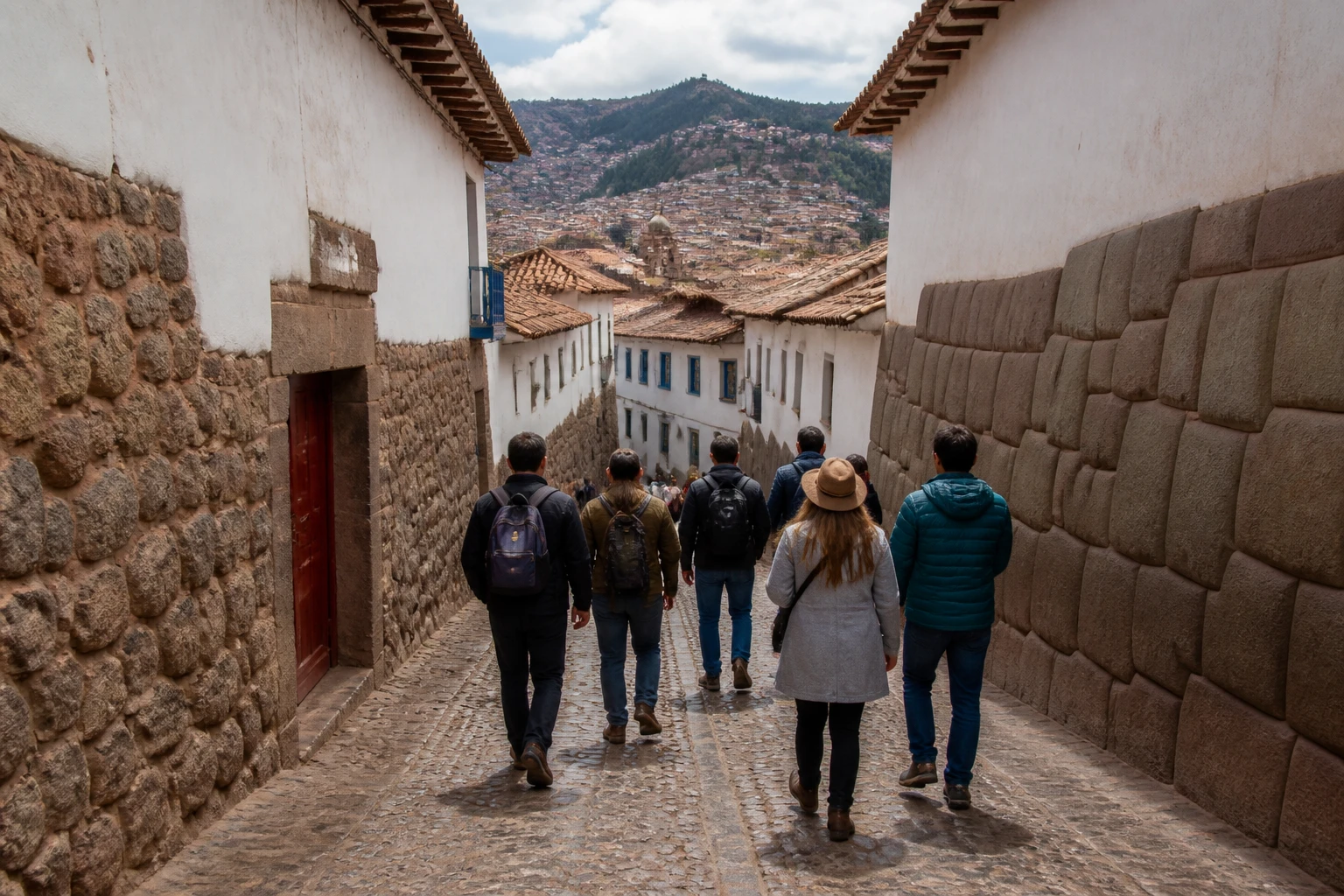 Travelers walking on a cobbled street in Cusco