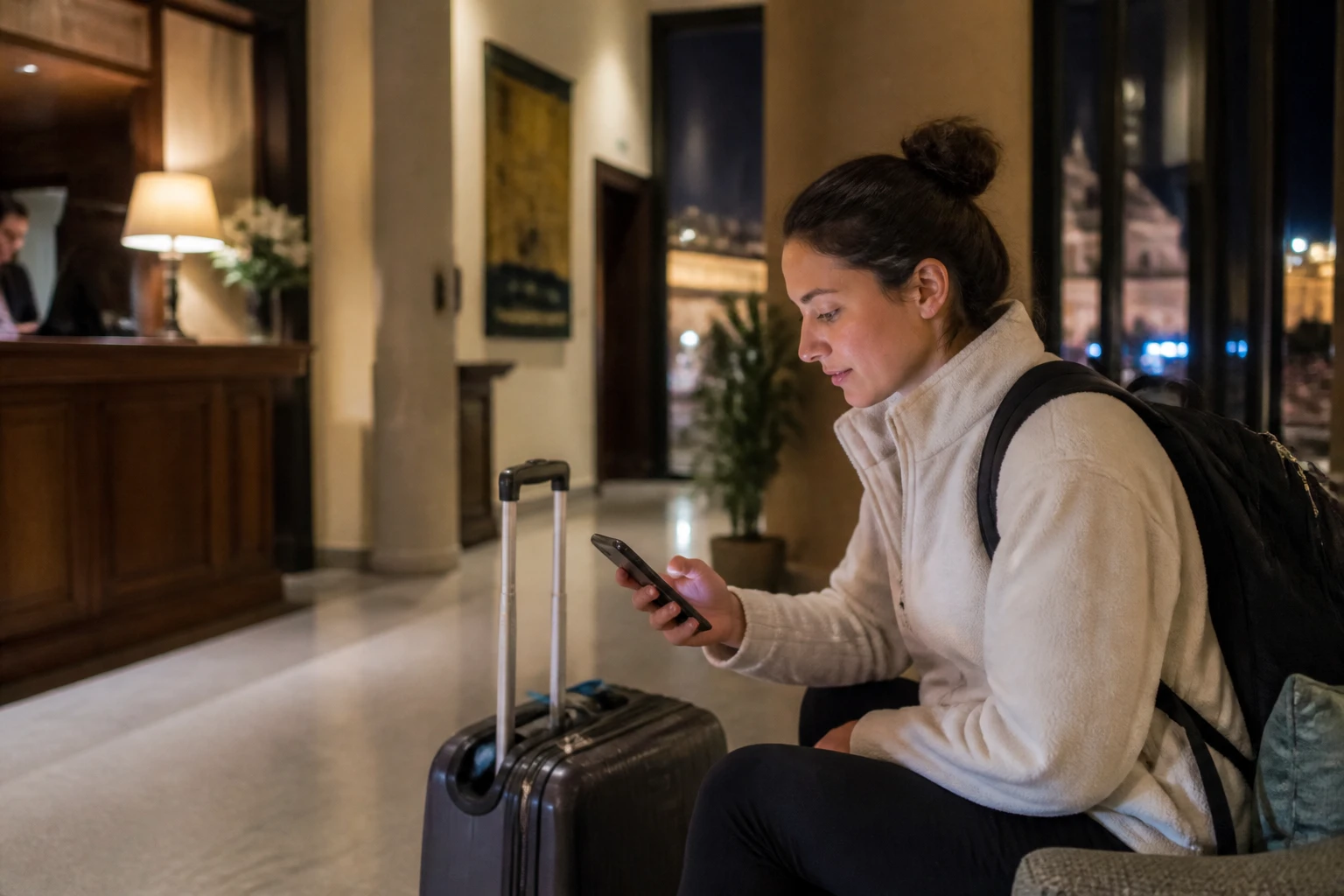 Traveler reviewing arrival details in a Cusco hotel lobby