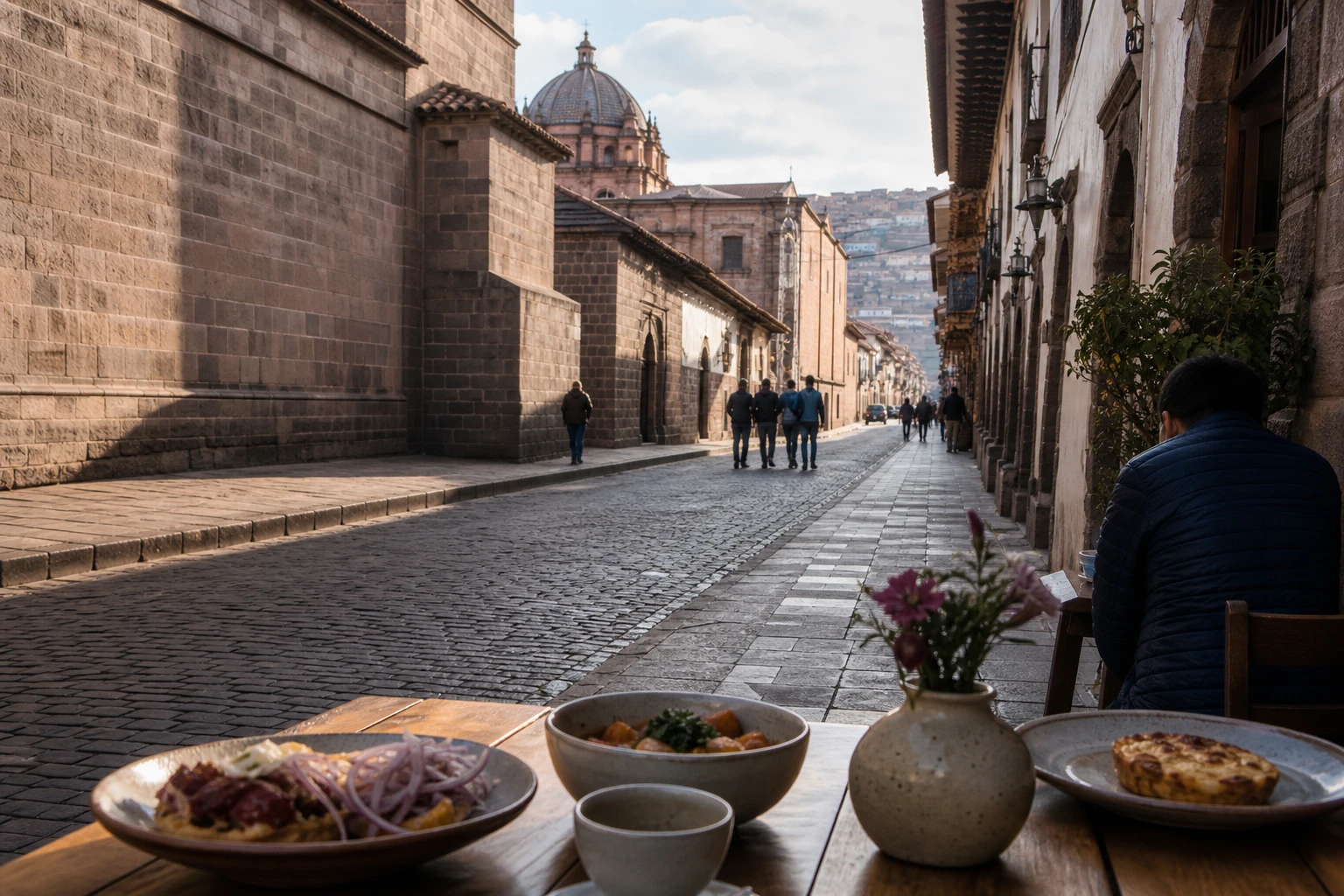 A dining table beside a historic-center street in Cusco