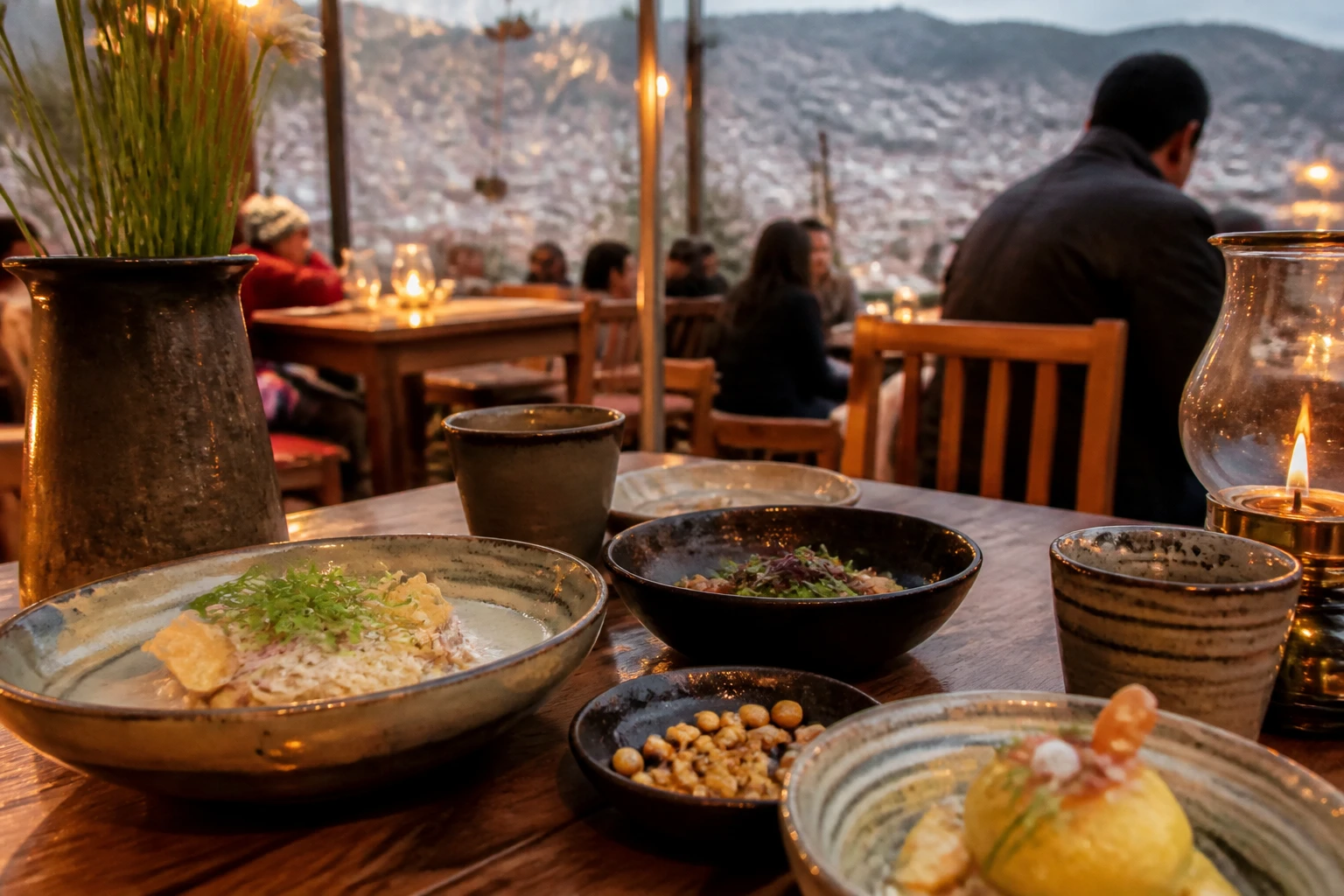 An evening restaurant table set for dinner in Cusco