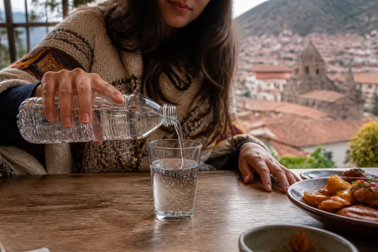 Sealed bottled water being poured at a restaurant table