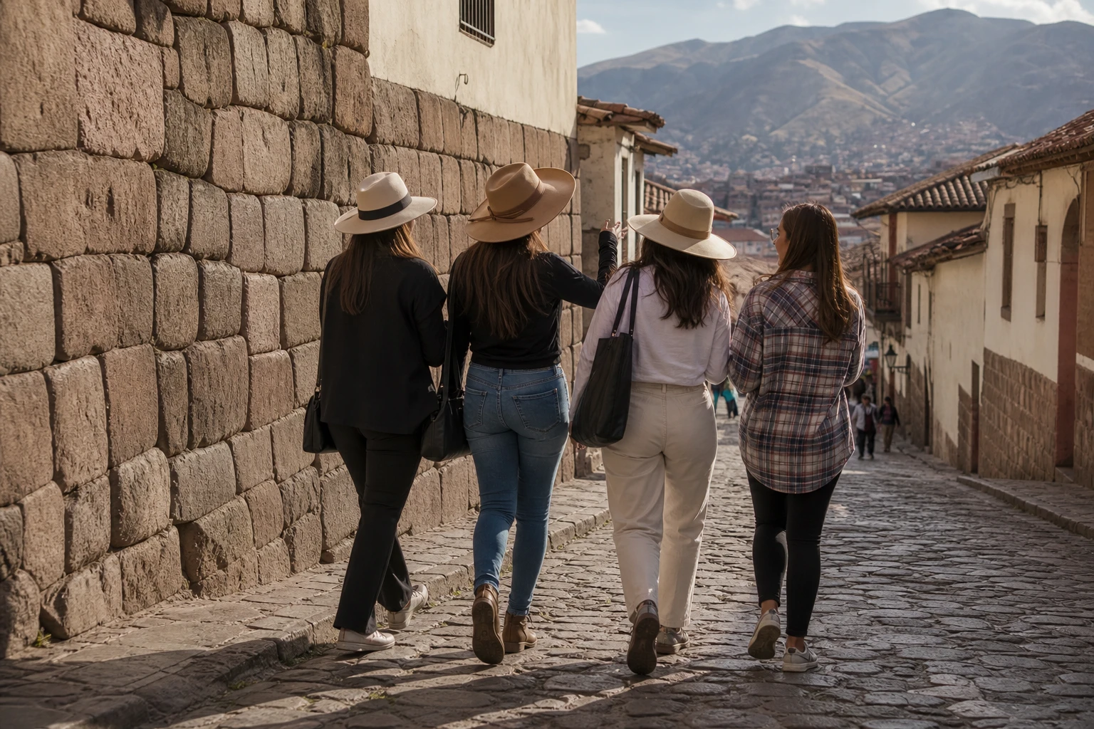 A group of women walking together on a stone street in Cusco.
