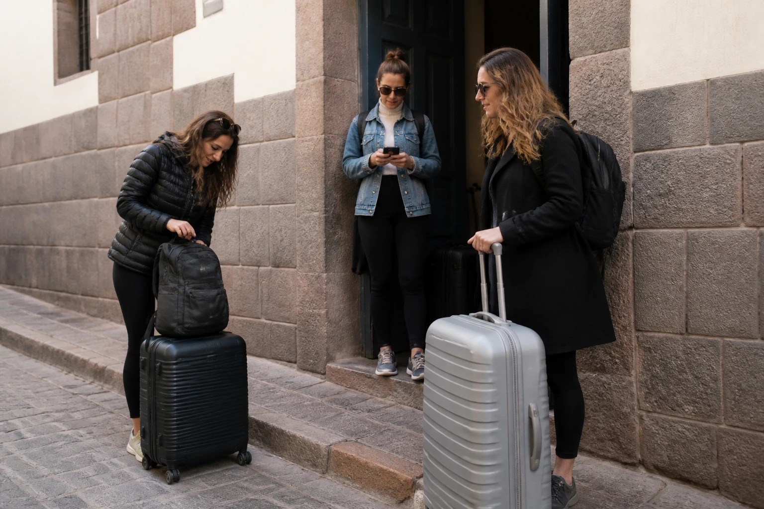 Friends organizing their arrival plans outside a Cusco hotel.