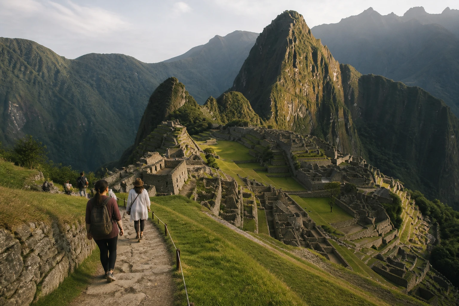 Machu Picchu surrounded by green mountain scenery.