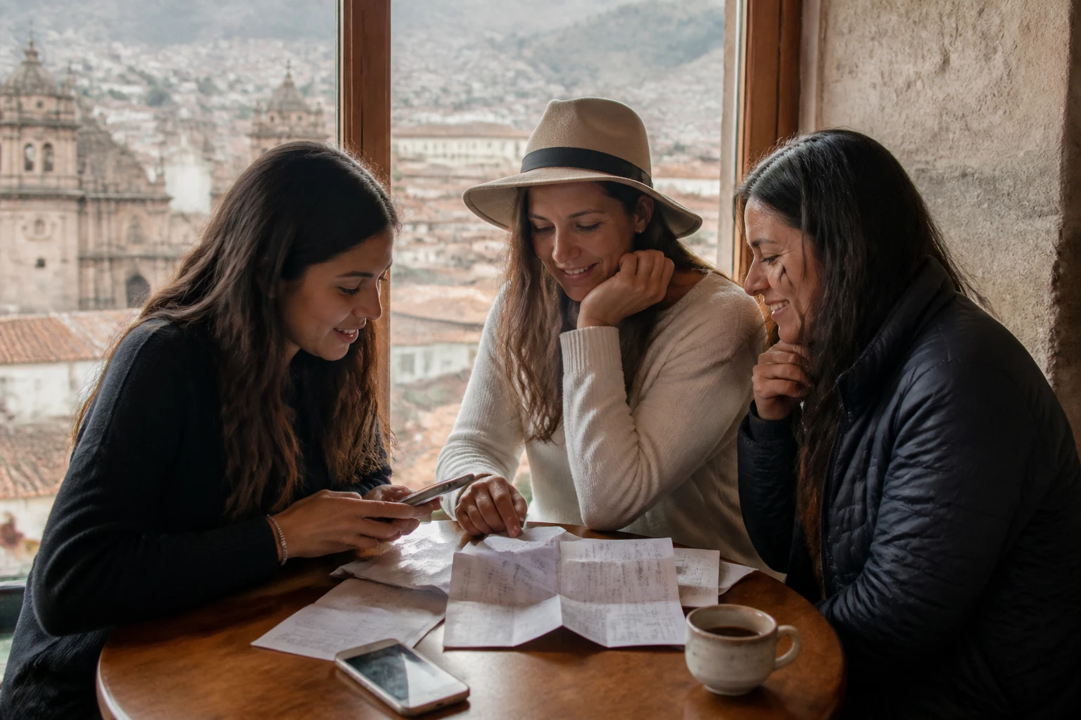 Friends reviewing travel plans together in Cusco.