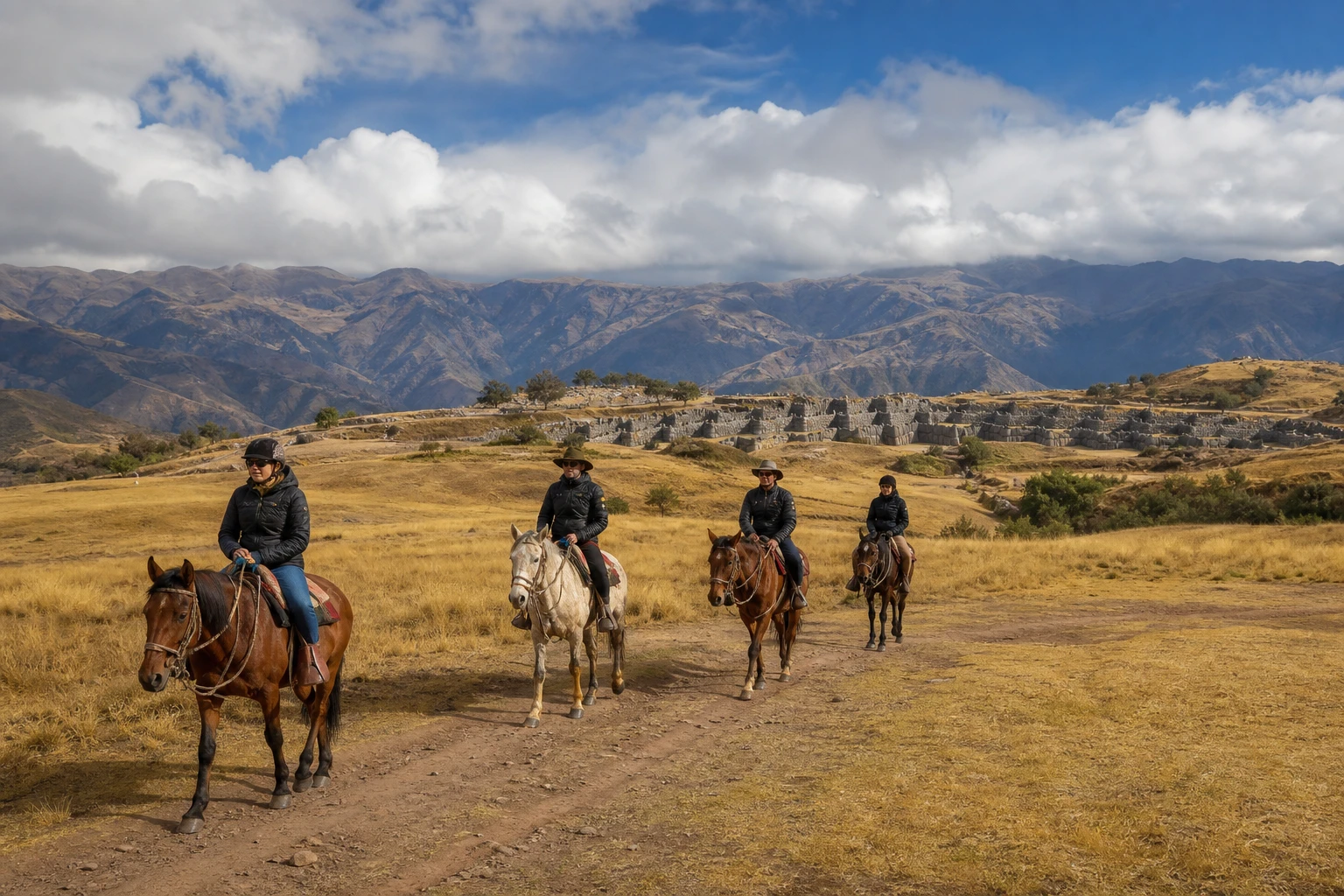 Horse riders on a highland trail near Sacsayhuamán above Cusco