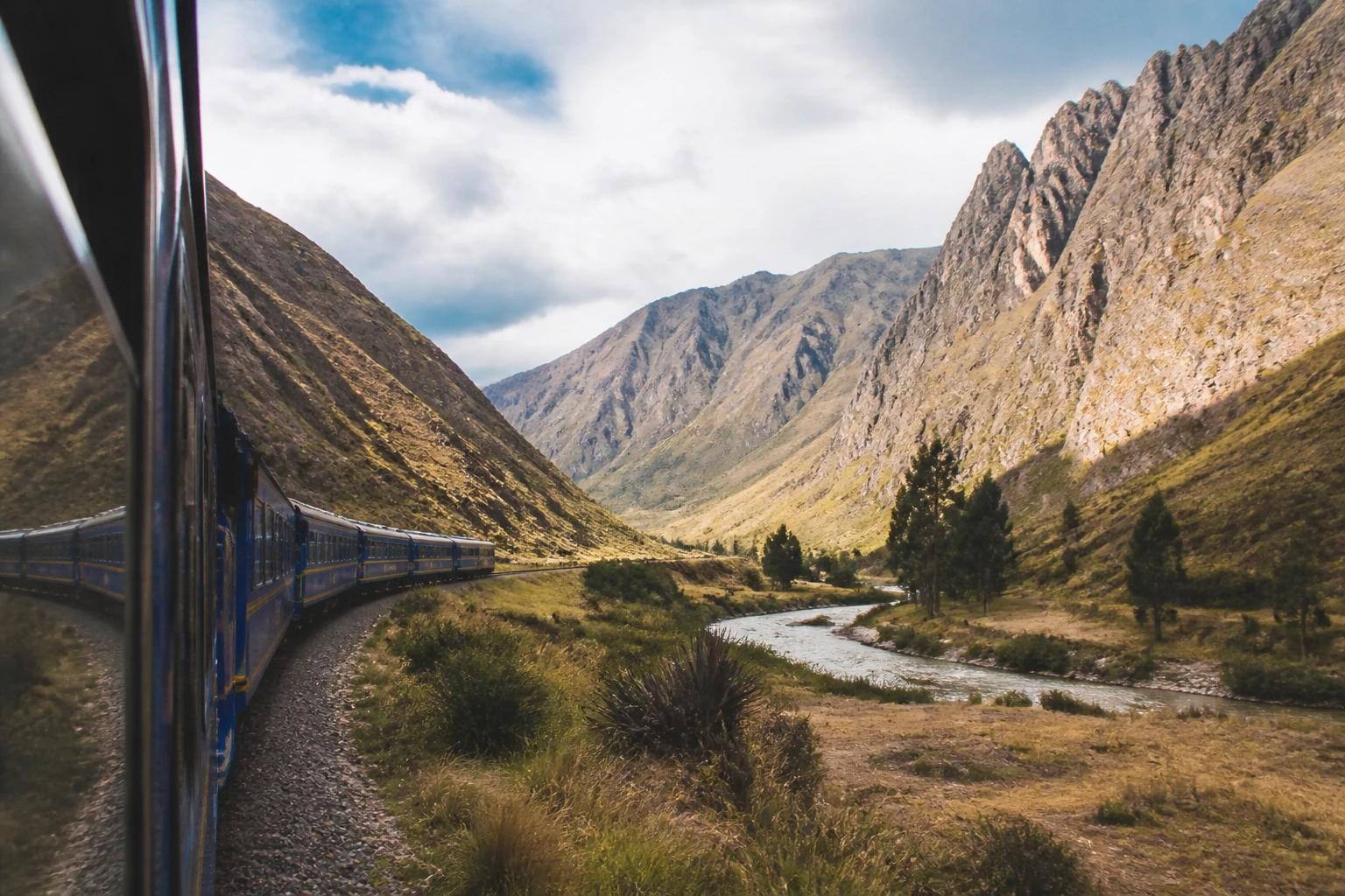 Rail journey through the mountains on the way to Machu Picchu
