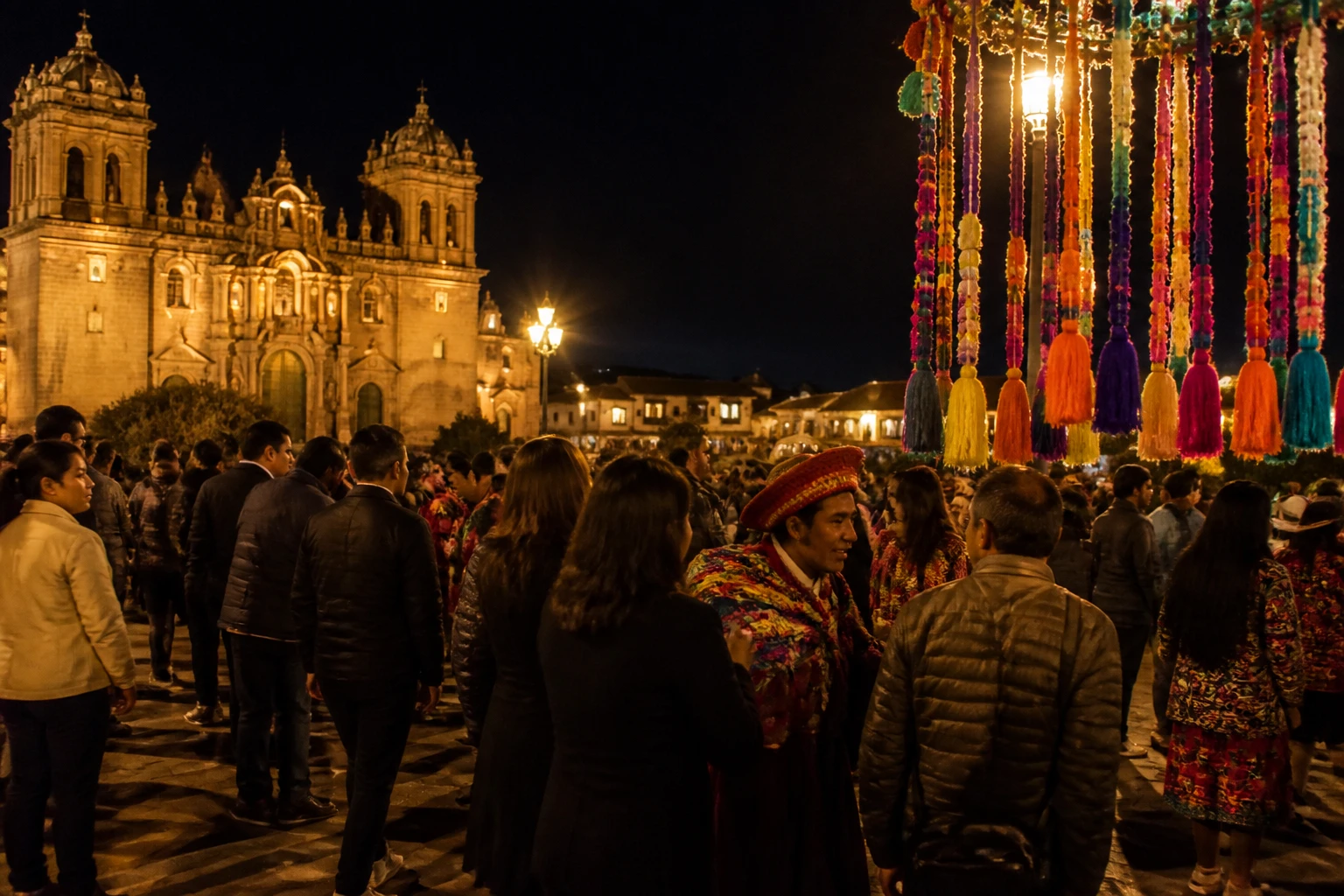 A festive evening gathering in central Cusco