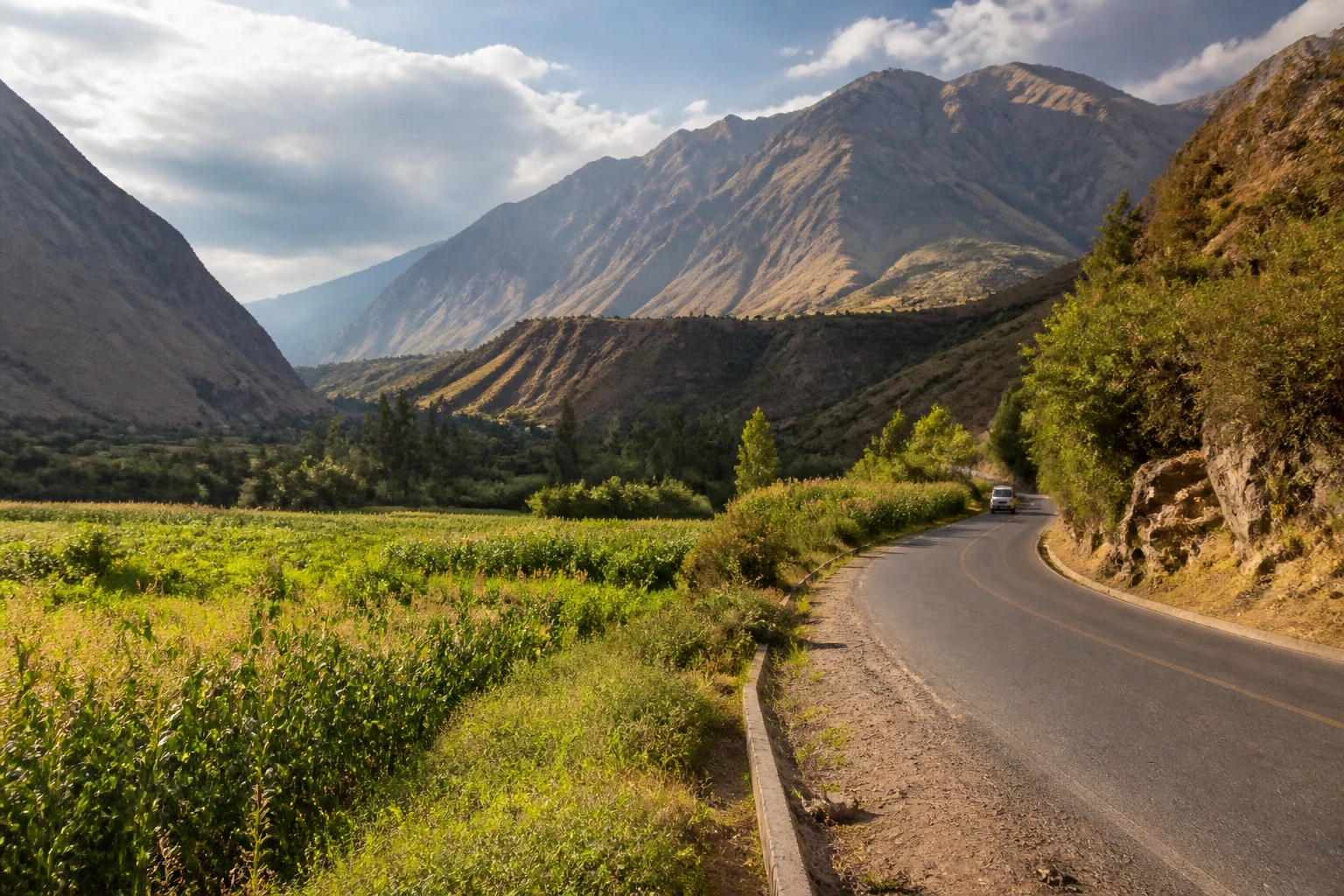 Road and mountain landscape in the Sacred Valley near Cusco.