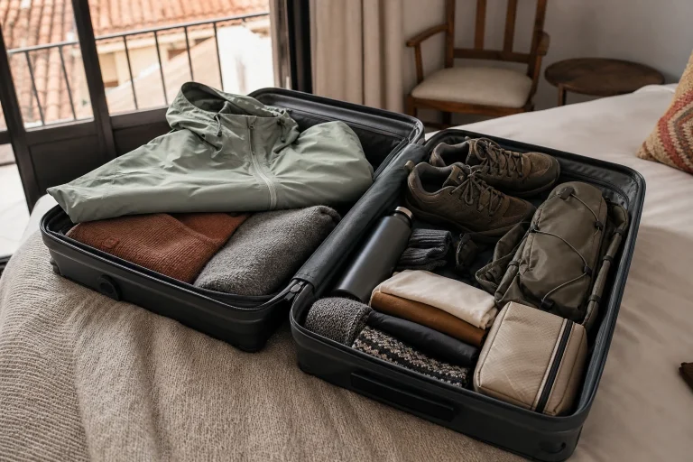 Layered clothing and practical travel gear arranged in a suitcase for a Cusco trip