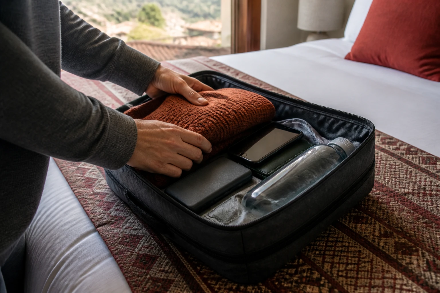 Essential carry-on items organized in a compact travel bag