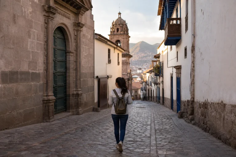 Solo traveler walking along a cobbled street in Cusco