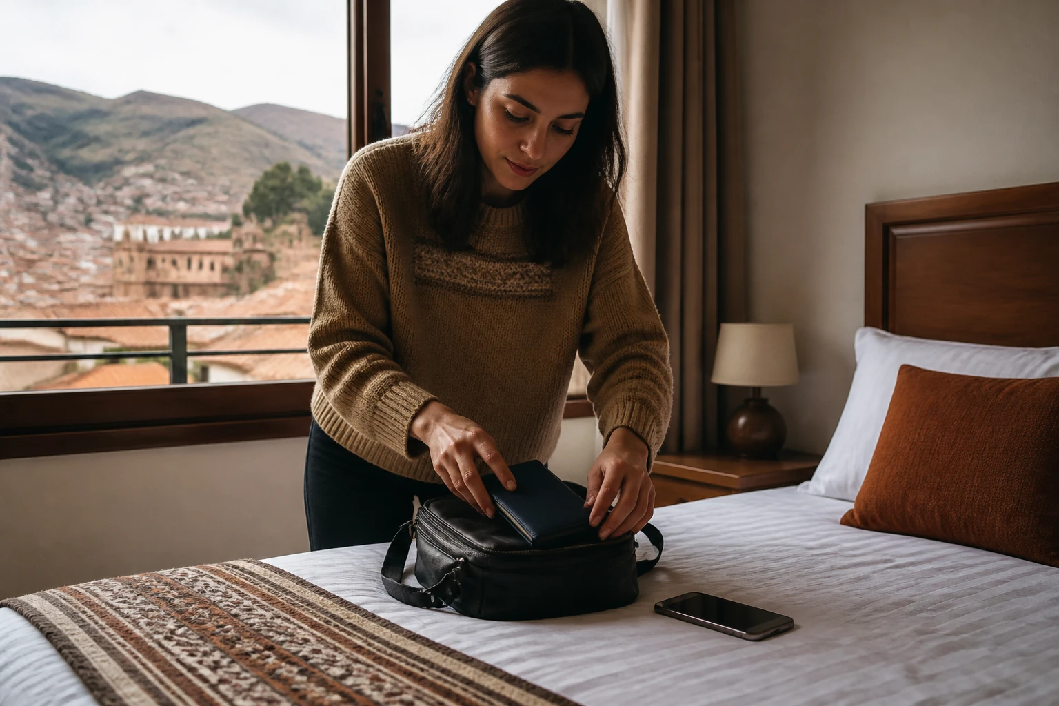 Traveler organizing essential documents in a day bag