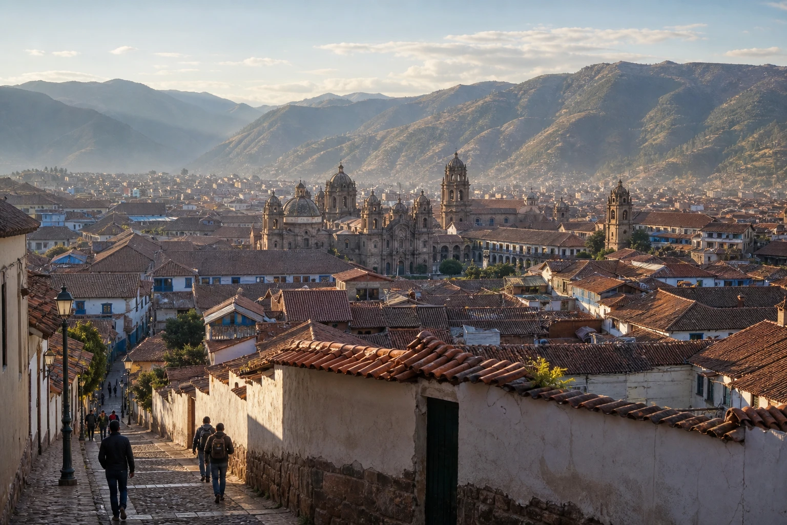 Early morning view across Cusco rooftops toward surrounding mountains