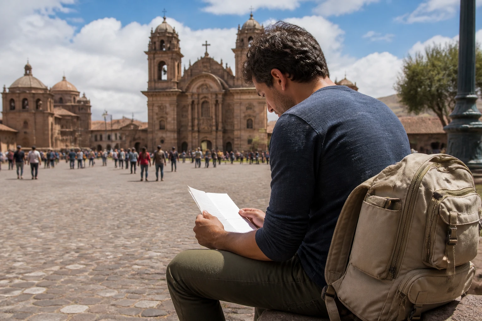 Traveler reviewing a paper itinerary in Cusco with a small daypack