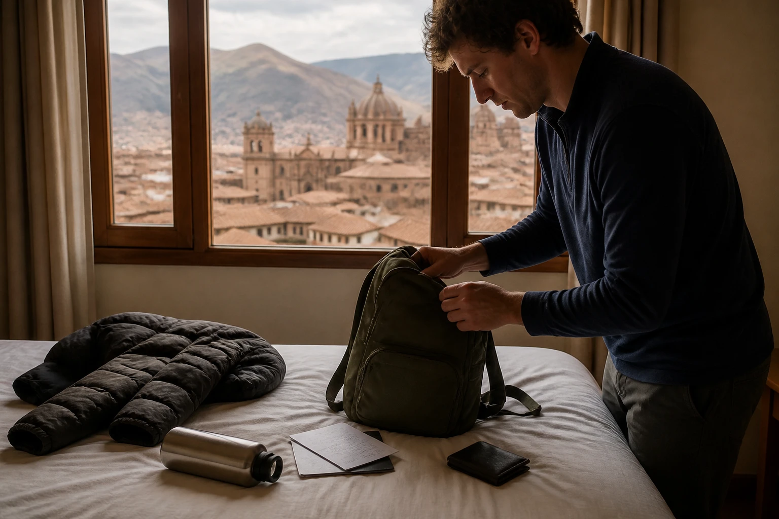 Traveler preparing essentials for a Cusco travel day